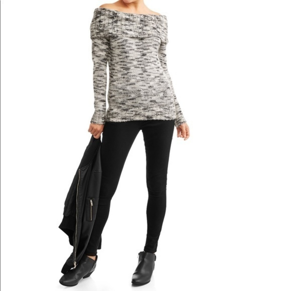 off the shoulder sweater infused silver metallic